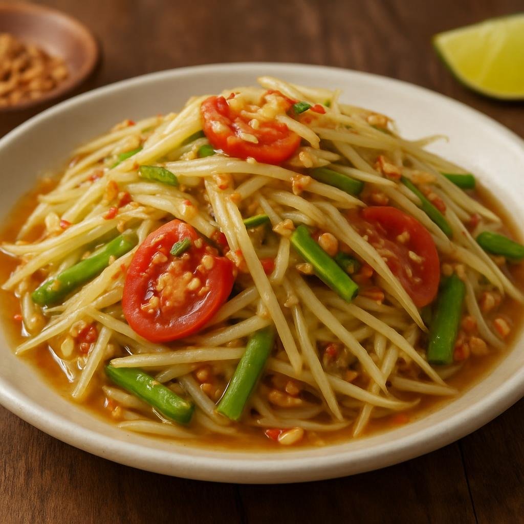 Entree: Laos – Luang Prabang / Northern Laos – ຕໍາມັກຫຸ່ງ ➤ Tam Mak Hoong (Laotian shredded green papaya salad dressed with lime, chilies, fish sauce, and toasted rice) recipe