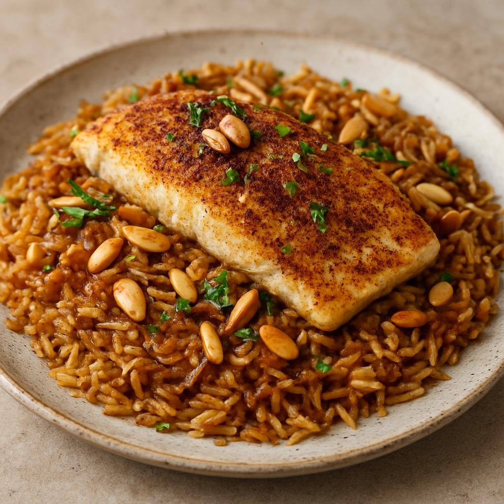 Entree: Lebanon – Bekaa Valley – صيادية ➤ Sayyadiyeh (Spiced seared white fish served over fragrant caramelized-onion rice with toasted nuts and sumac) recipe