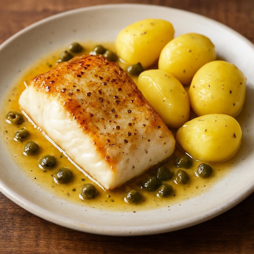 Entree: Norway – Norwegian Coastal Seafood – Skrei (Seasonal Arctic cod prized for firm white flesh, served simply with browned butter, potatoes, and capers) recipe