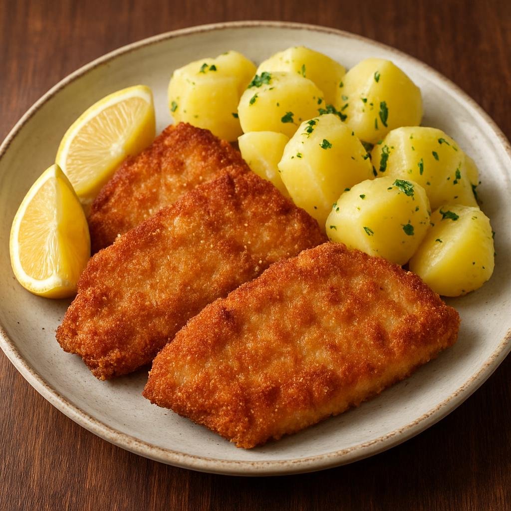 Entree: Lithuania – Northern Culinary Region – Kepta žuvis (Pan-fried breaded fish fillets, commonly served with boiled or mashed potatoes and lemon) recipe
