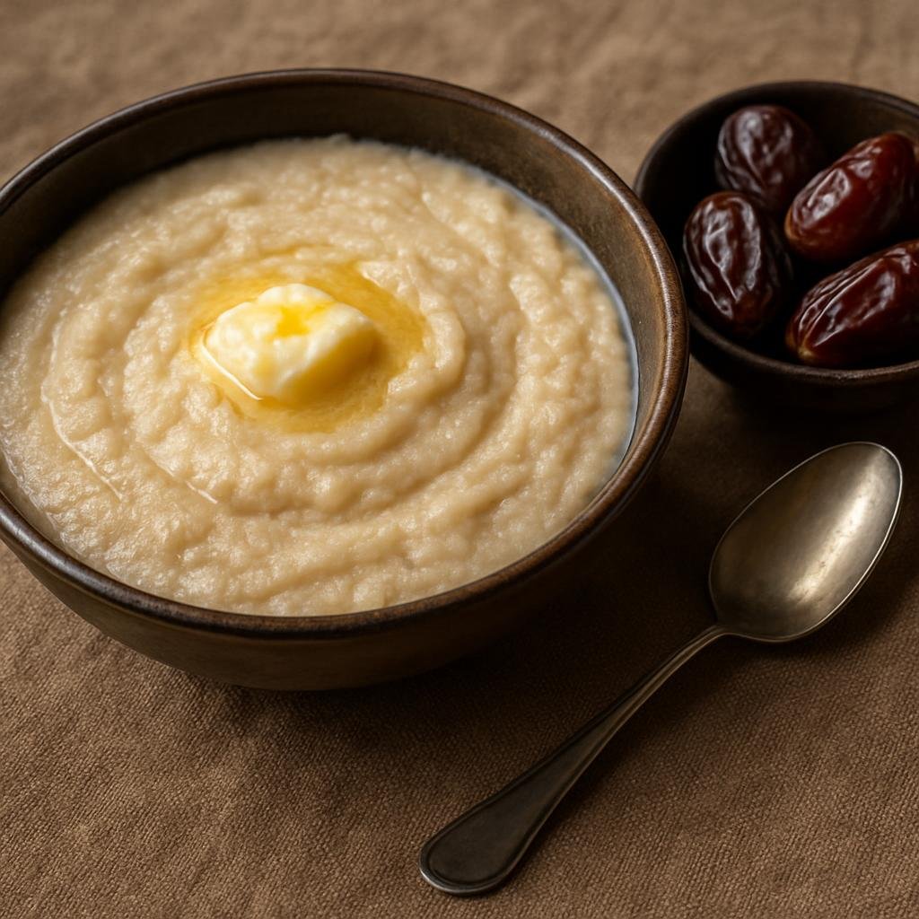 Entree: Mauritania – Northern Culinary Region – لخ ➤ lakh (Creamy sweet millet porridge cooked with milk and fermented milk, served with butter and often with dates) recipe