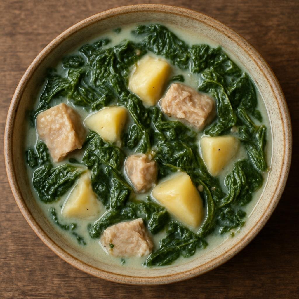 Entree: Micronesia – Northern Culinary Region – Taro Leaf Stew (A coconut-milk based stew of tender taro leaves, starchy root vegetables, and fish or pork) recipe