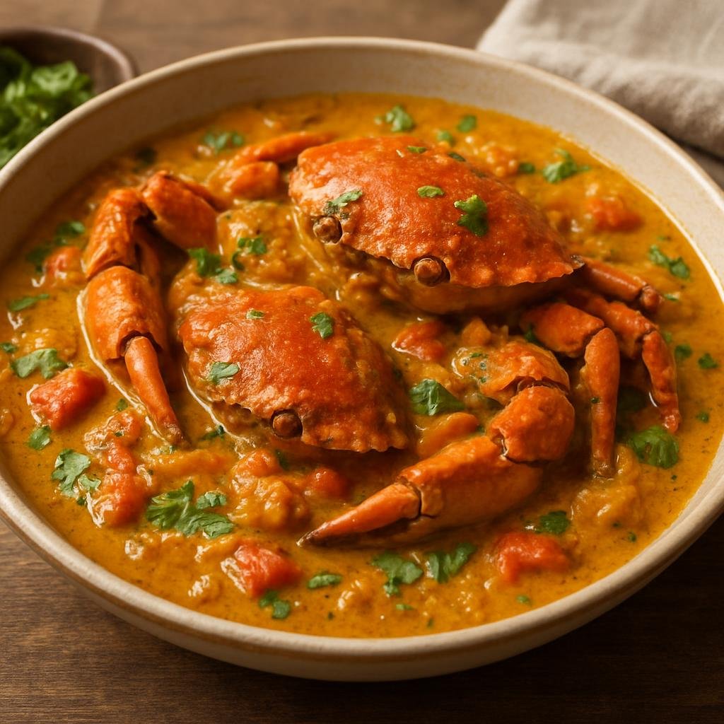 Entree: Mozambique – Northern Culinary Region – Caril de Caranguejo (Mozambican coconut-based crab curry cooked with tomatoes, spices, and cilantro) recipe