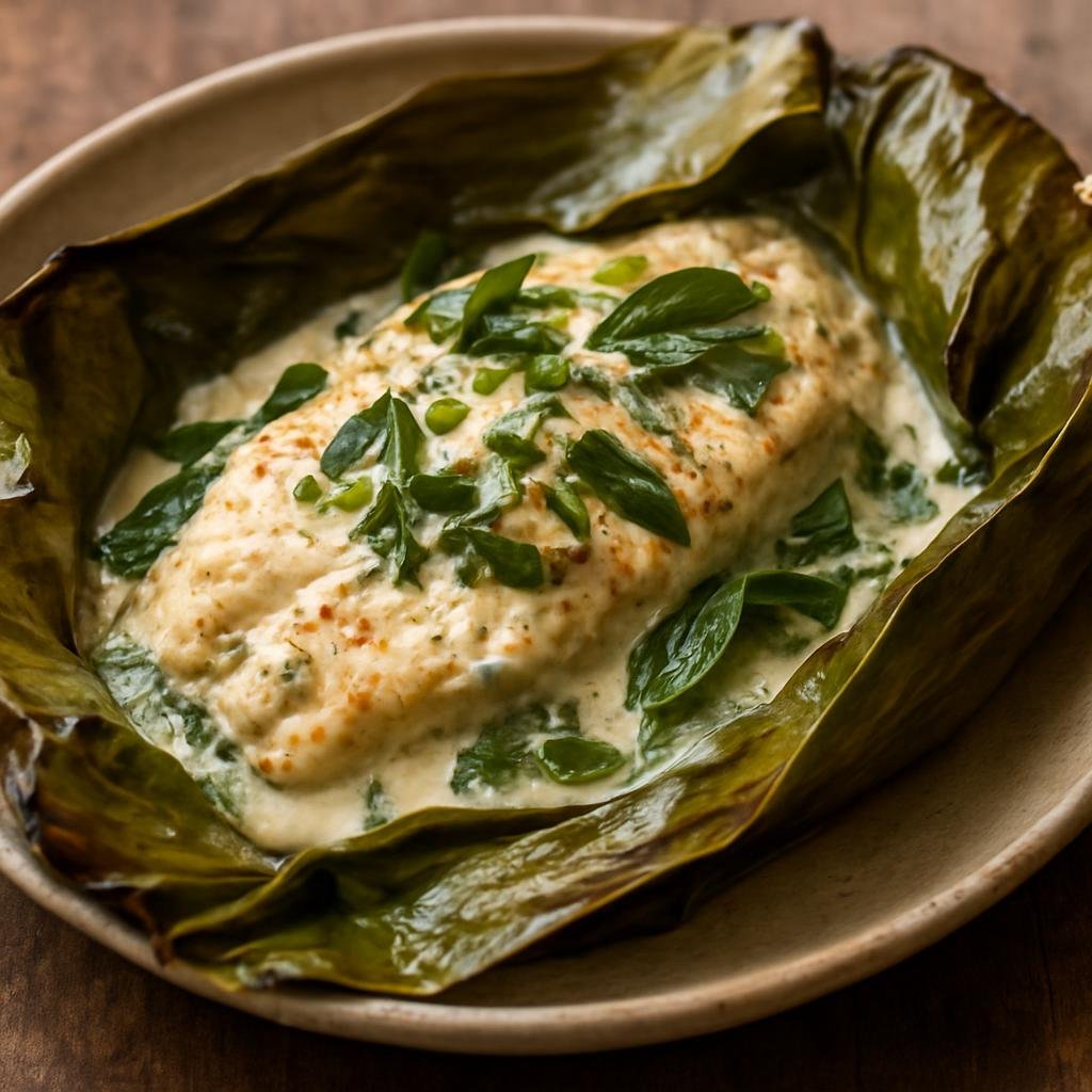 Entree: New Caledonia – Northern Culinary Region – Fish in Banana Leaves (Fish steamed in banana leaves with coconut milk and island herbs) recipe