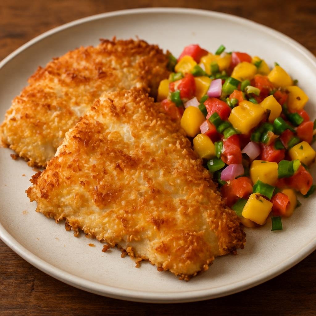 Entree: Pitcairn – Northern Culinary Region – Coconut Crusted Fish (White fish fillets coated in shredded coconut and crisped until golden, served with a bright tropical salsa) recipe