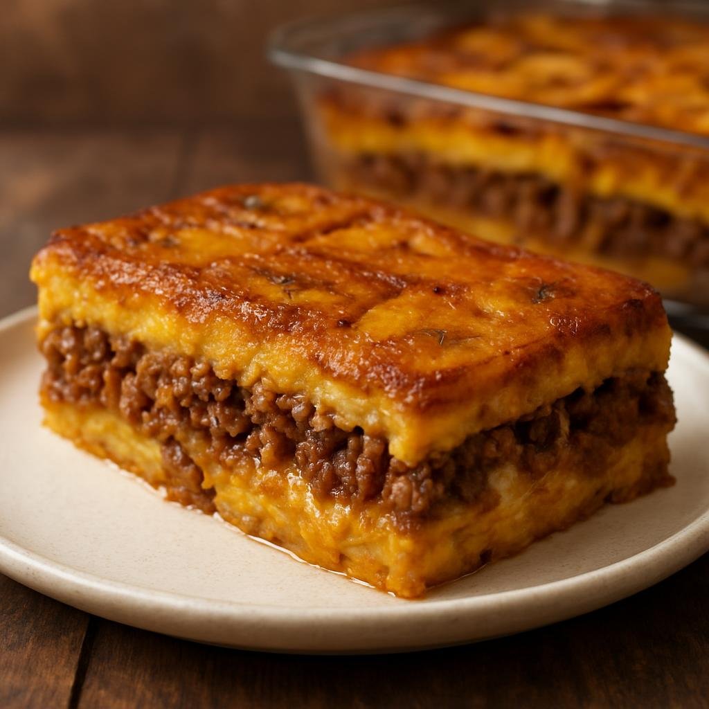 Entree: Puerto Rico – Northern Culinary Region – Pastelón (Layered Puerto Rican casserole of sweet plantains filled with seasoned ground beef and melted cheese) recipe