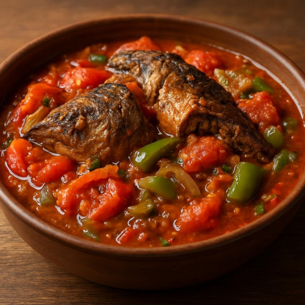 Entree: Republic of the Congo – Northern Culinary Region – Makayabu (Stewed salted or dried fish cooked in a spicy tomato and palm oil sauce with vegetables) recipe