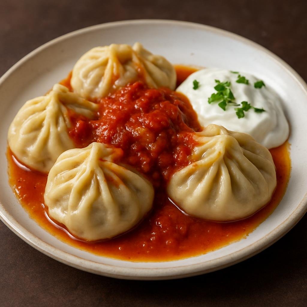 Entree: Tajikistan – Northern Culinary Region – Манту ➤ Mantu (Steamed Central Asian meat-filled dumplings served with yogurt and buttery tomato sauce) recipe
