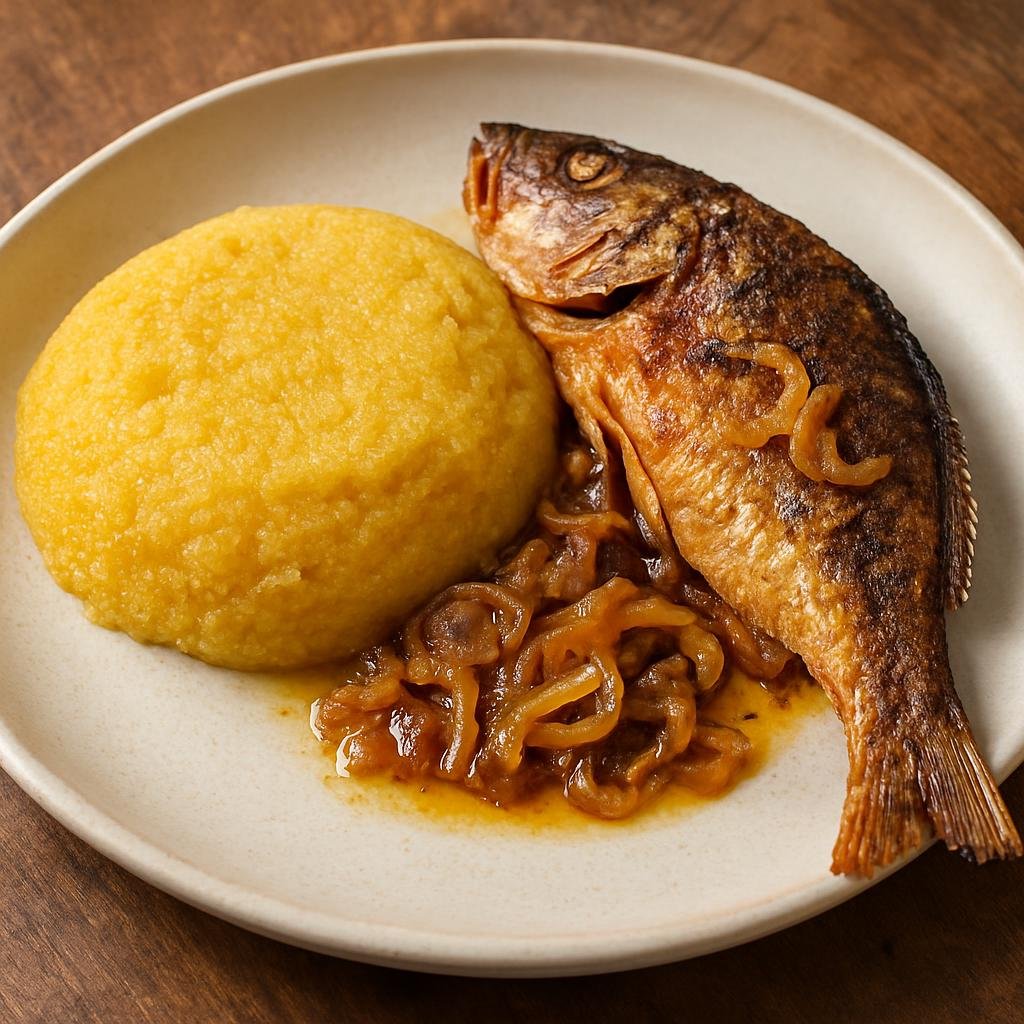 Entree: Anguilla – Central Culinary Region – Fish and Fungi (Firm seasoned cornmeal porridge served with pan-fried or stewed island fish) recipe