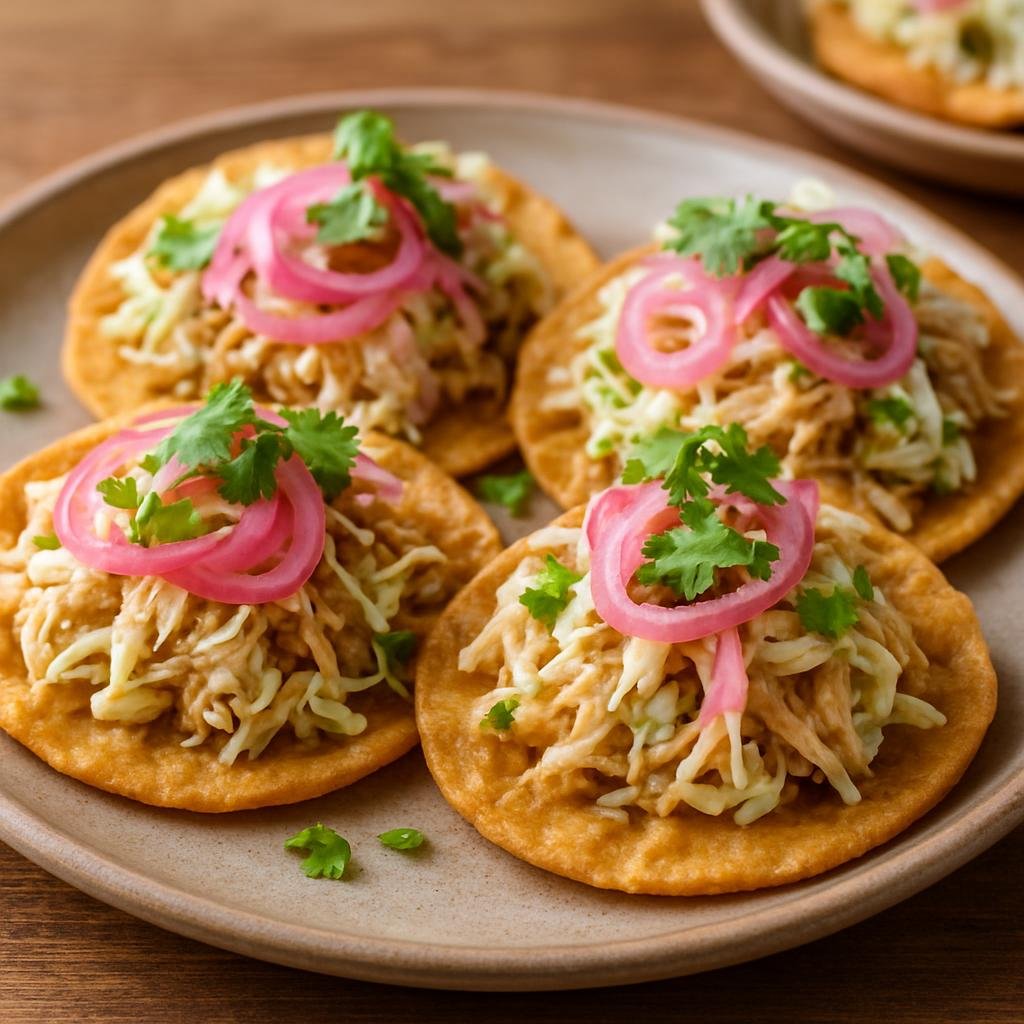 Entree: Belize – Central Culinary Region – Salbutes (Crisp fried corn tortillas topped with shredded chicken, cabbage, pickled onion, and fresh garnishes) recipe