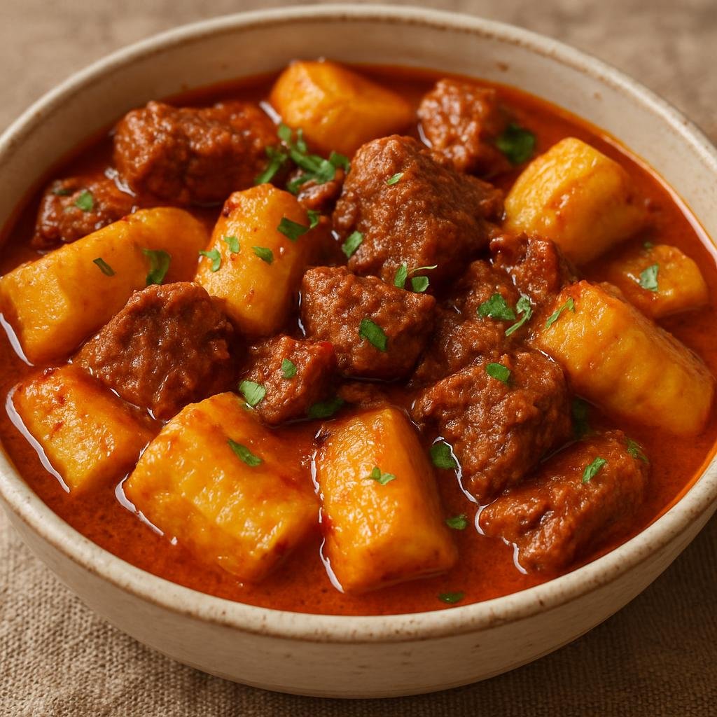 Entree: Burundi – Central Culinary Region – Ndizi Nyama (Stewed plantains cooked with seasoned beef in a tomato-spiced broth) recipe