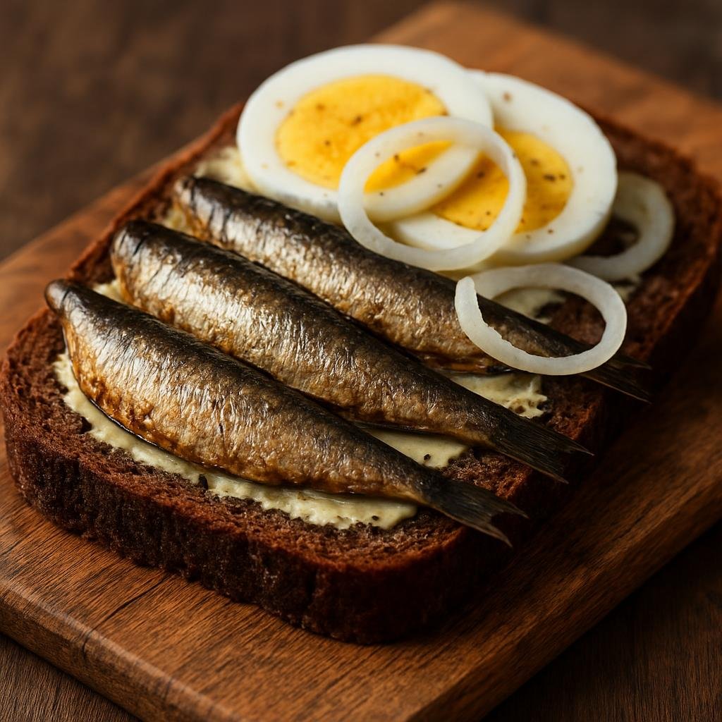 Entree: Estonia – Kiluvõileib (Open-faced buttered rye sandwich topped with Baltic sprats, sliced egg, and onion) recipe