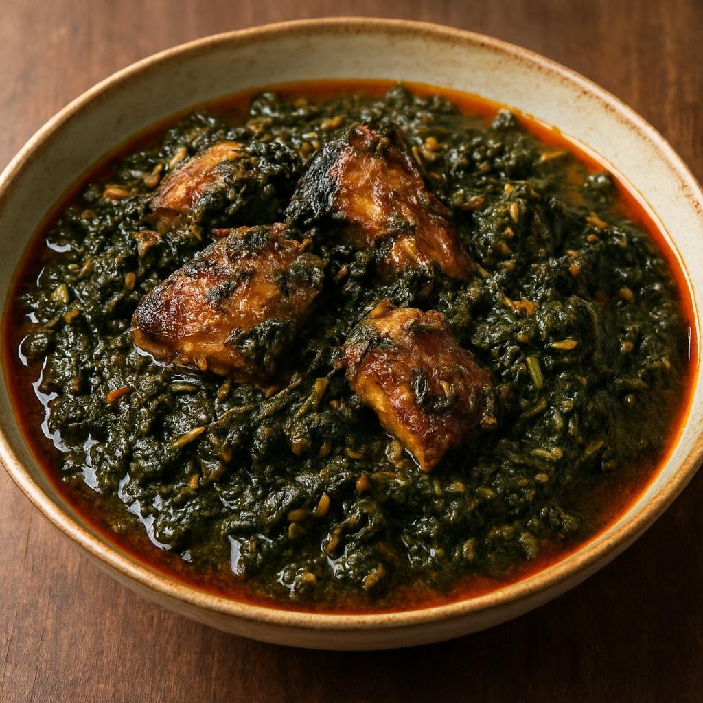 Entree: Gabon – Komba (Hearty Gabonese stew of smoked fish and cassava leaves cooked in palm oil with aromatic spices) recipe