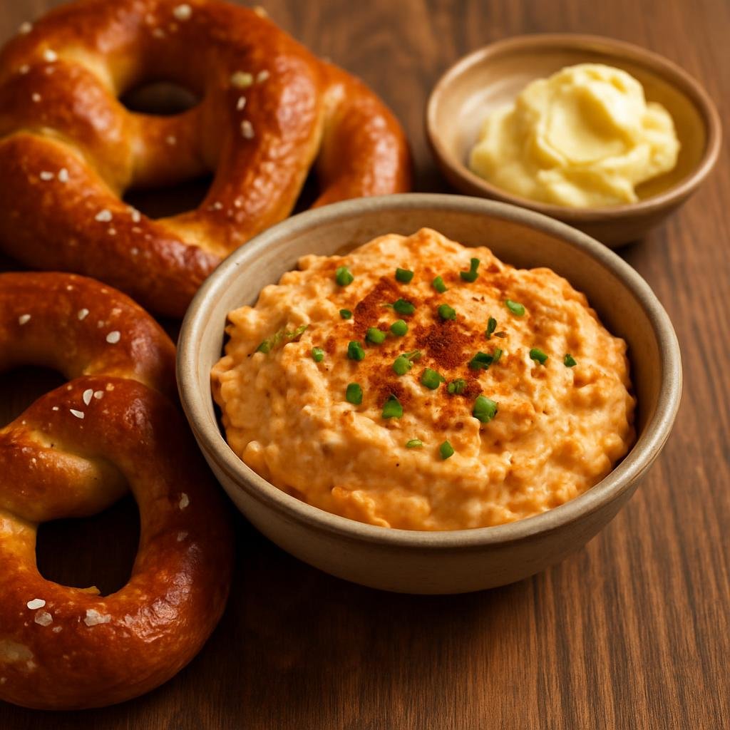 Entree: Germany – Bavaria – Obatzda mit Brezen (Bavarian camembert cheese spread flavored with butter, paprika, and beer served with soft pretzels) recipe
