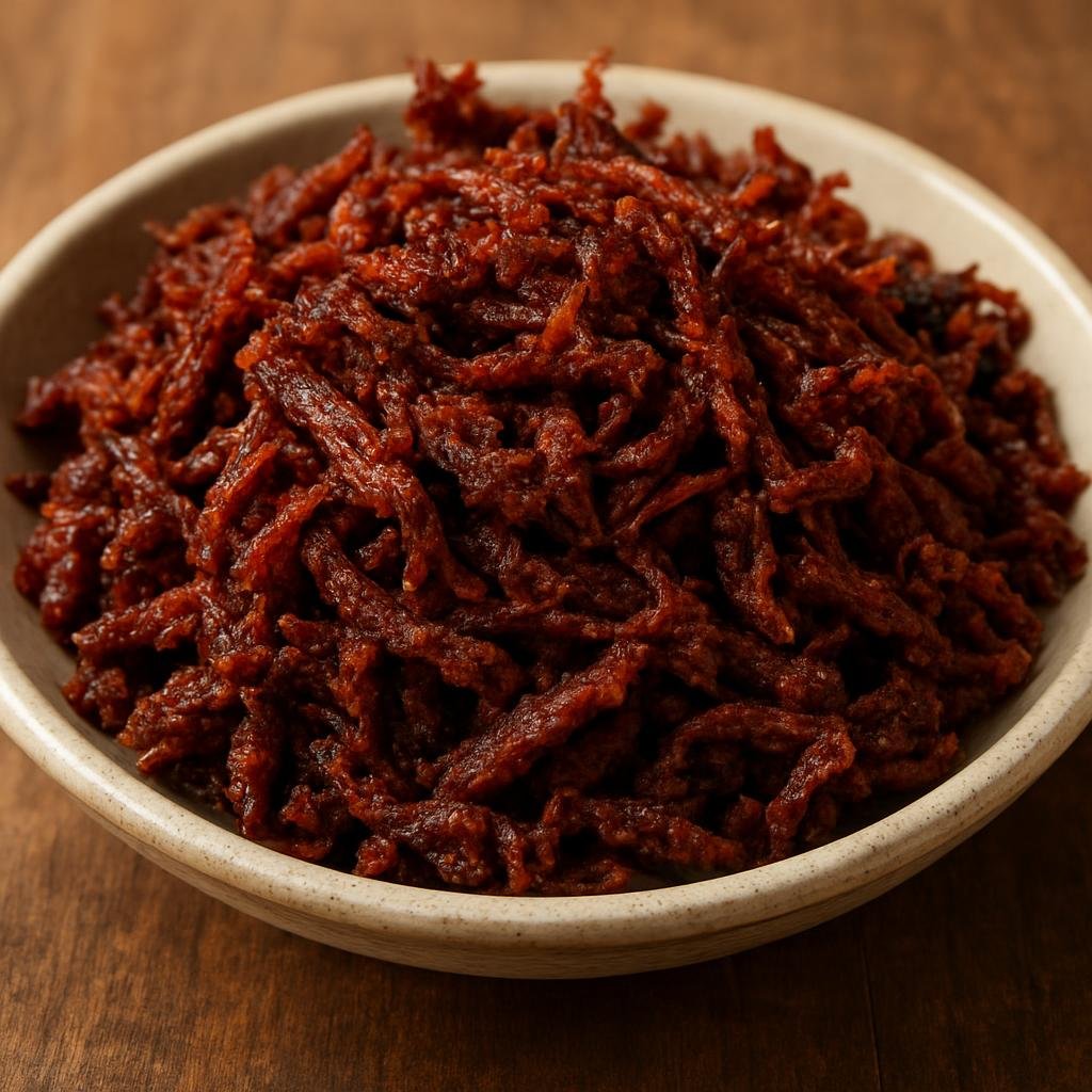 Entree: Nigeria – Fulani Pastoral – Dambu Nama (Shredded spiced dried beef fried until crisp, a preserved meat entree from northern Nigerian pastoral traditions) recipe