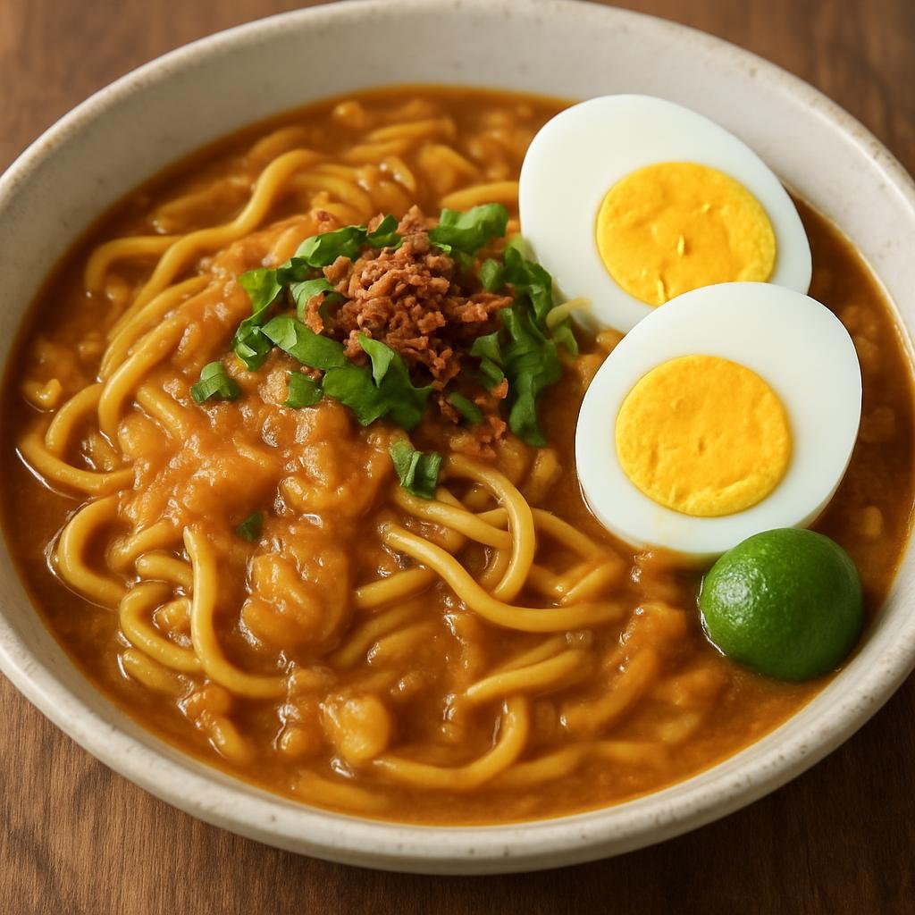 Entree: Malaysia – Malay Peninsula – Mee Rebus (Yellow egg noodles served in a spicy-sweet potato and peanut gravy with boiled eggs and garnishes) recipe