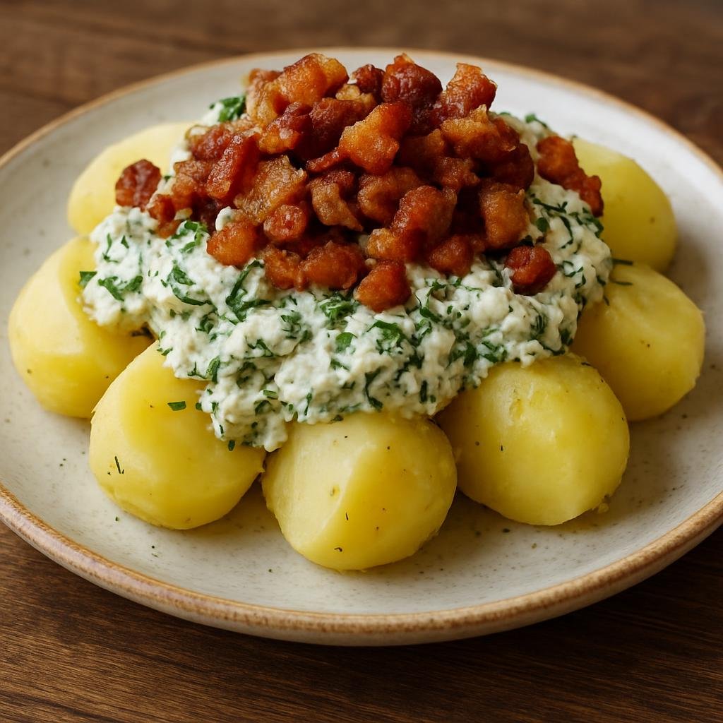 Entree: Poland – Highland / Gorale – Ziemniaki z Gzikiem (Boiled potatoes topped with a savory fresh curd-cheese and herb mixture, finished with crisped pork typical of Polish Highland cuisine) recipe
