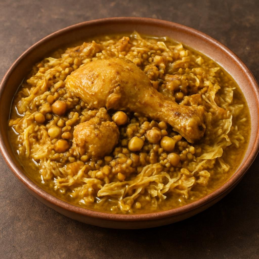 Entree: Algeria – Central Culinary Region – الرفيسة ➤ Rfīsa (Stewed spiced chicken with fenugreek and legumes served over shredded semolina flatbread soaked in seasoned broth) recipe