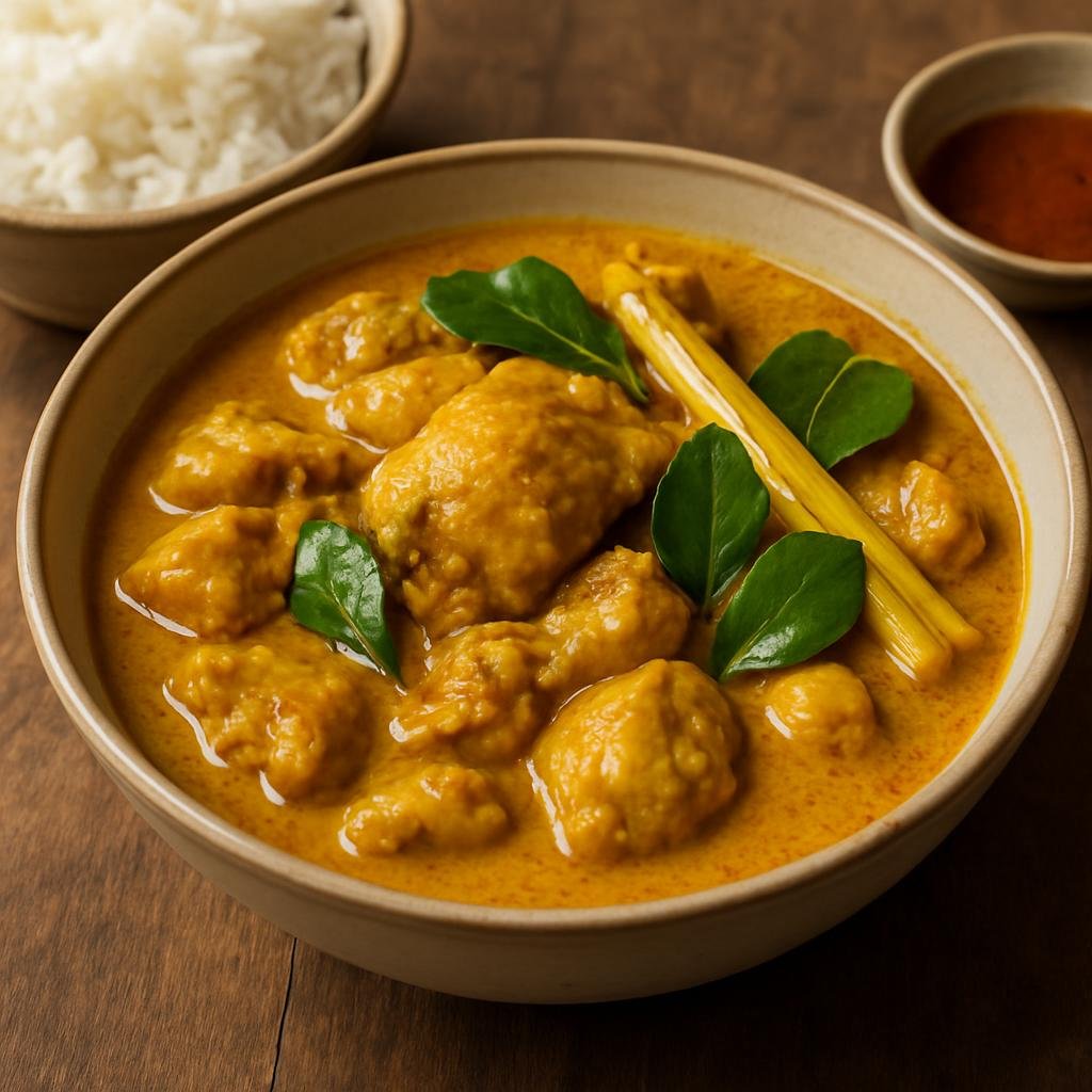 Entree: Cambodia – Coastal Cambodia – ការីសាច់មាន់ ➤ Kari Sach Moan (Coconut-based Cambodian coastal chicken curry flavored with turmeric, lemongrass, and kaffir lime) recipe