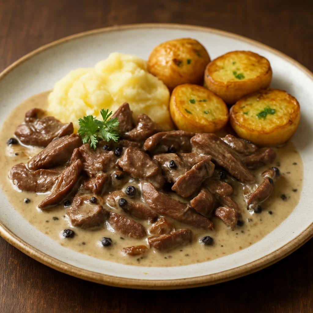 Entree: Finland – Finnish Coastal Cuisine – Sautéed Reindeer (Pan-seared thinly sliced reindeer with cream and juniper, served with potatoes) recipe