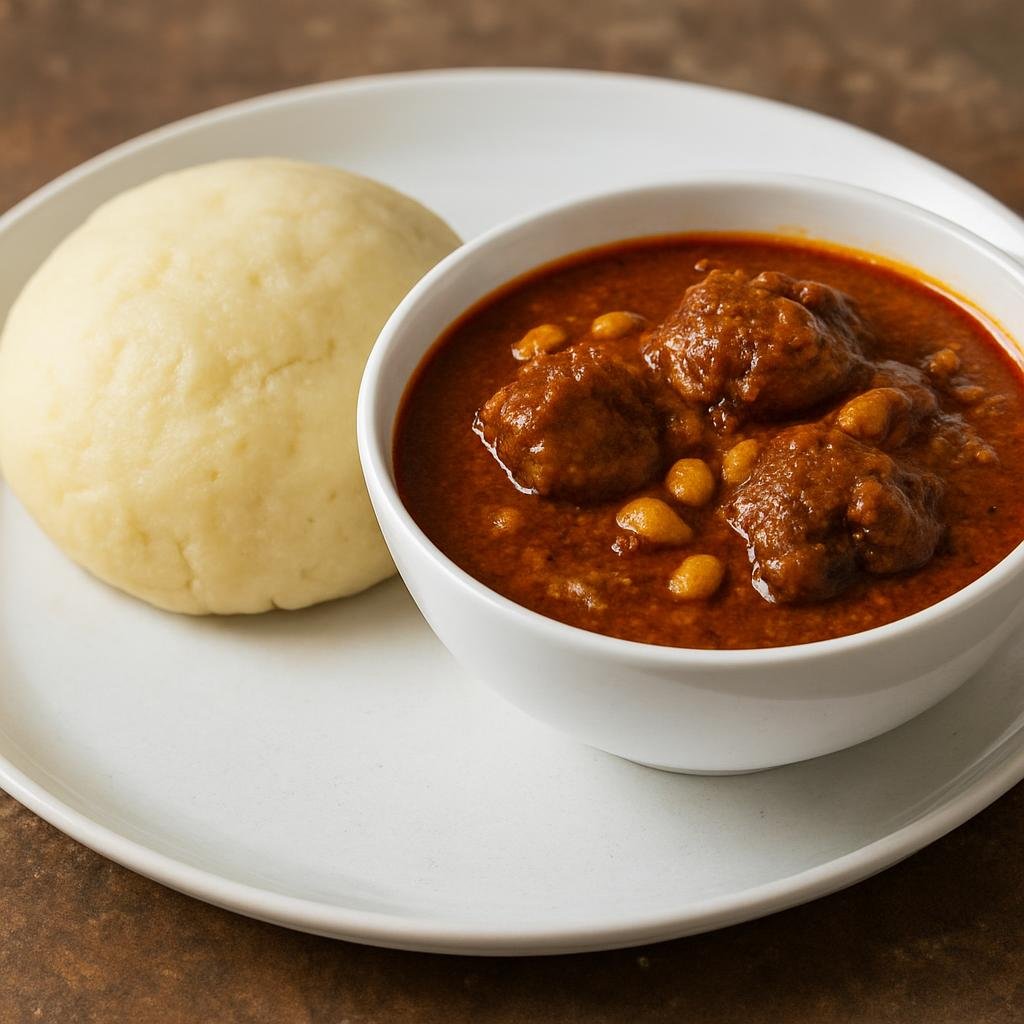 Entree: Ghana – Ashanti – Kokonte with Groundnut Soup (Thick cassava-flour swallow paired with a savory peanut-based meat stew) recipe