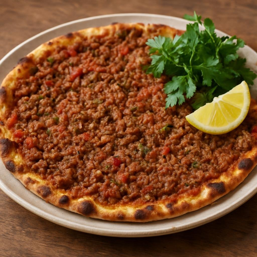 Entree: Israel – Israeli Street Food – לחמעג'ון ➤ Lahmajun (Thin round flatbread topped with a spiced ground-meat and vegetable mixture, baked until crisp and served with fresh herbs and lemon) recipe