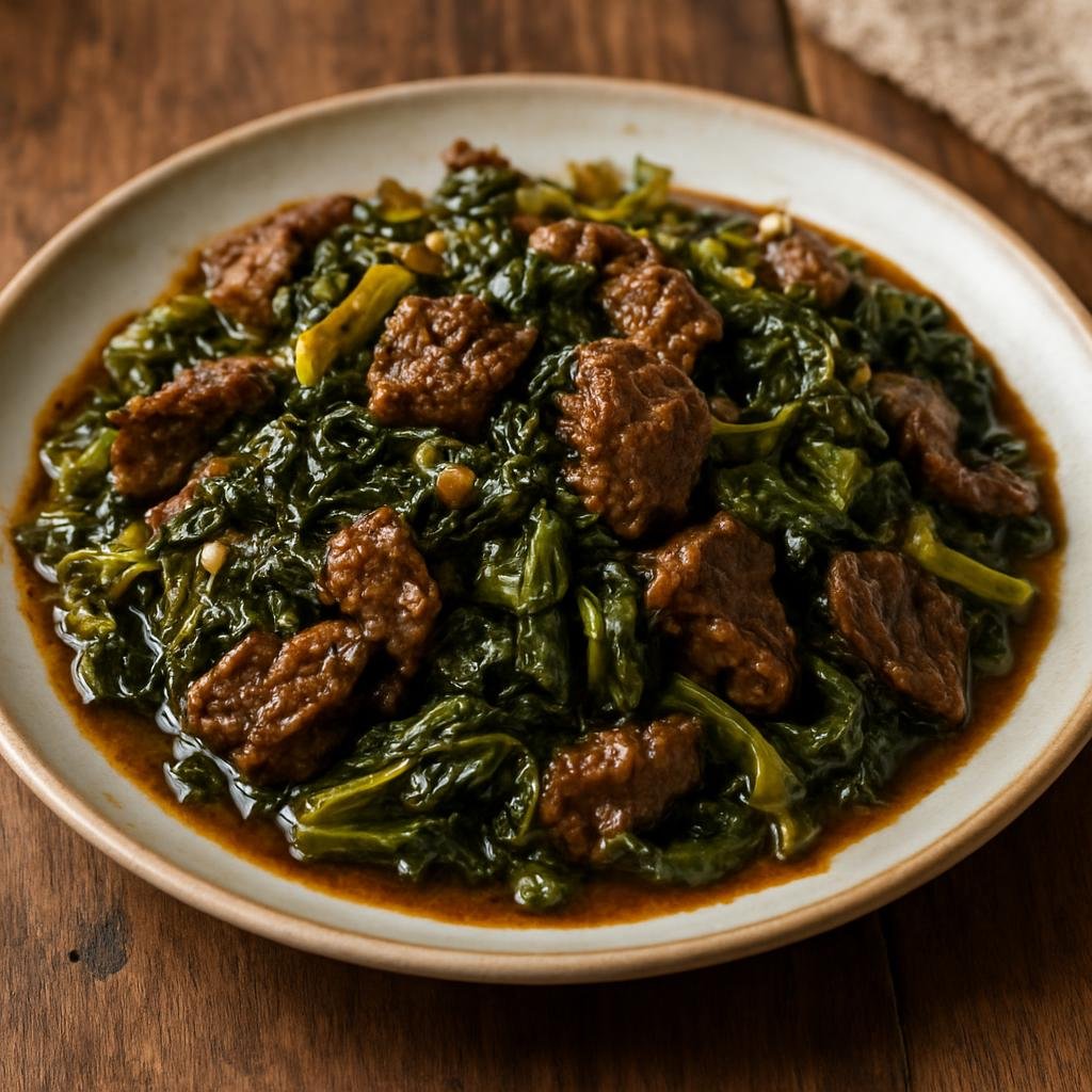 Entree: Myanmar – Kachin & Northern Myanmar – Kachin Beef with Mustard Greens (Stir-fried beef with pungent mustard greens in a savory, garlicky Kachin-style sauce) recipe