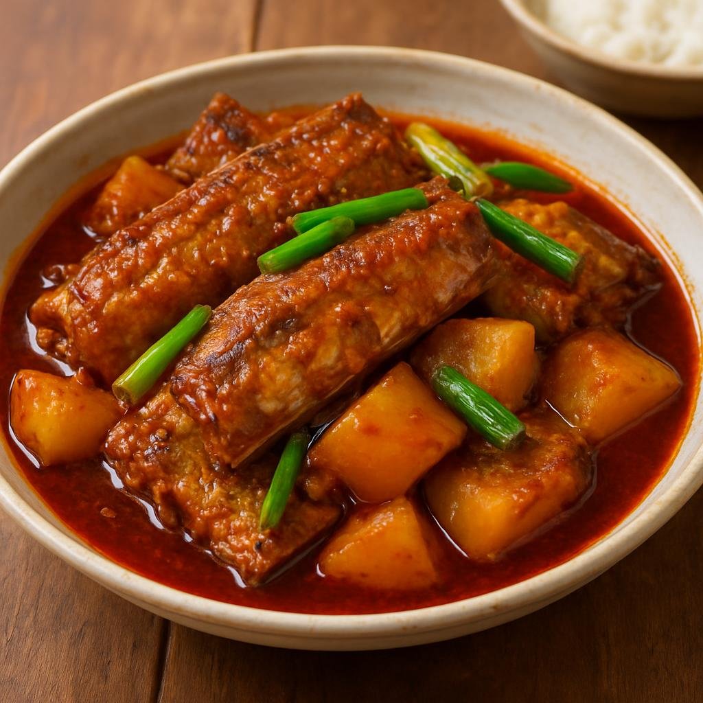 Entree: South Korea – Gyeongsang – 거제 갈치 조림 ➤ Geoje galchi jorim (Spicy braised cutlassfish in a savory, slightly sweet soy-chili sauce with potatoes and scallions) recipe
