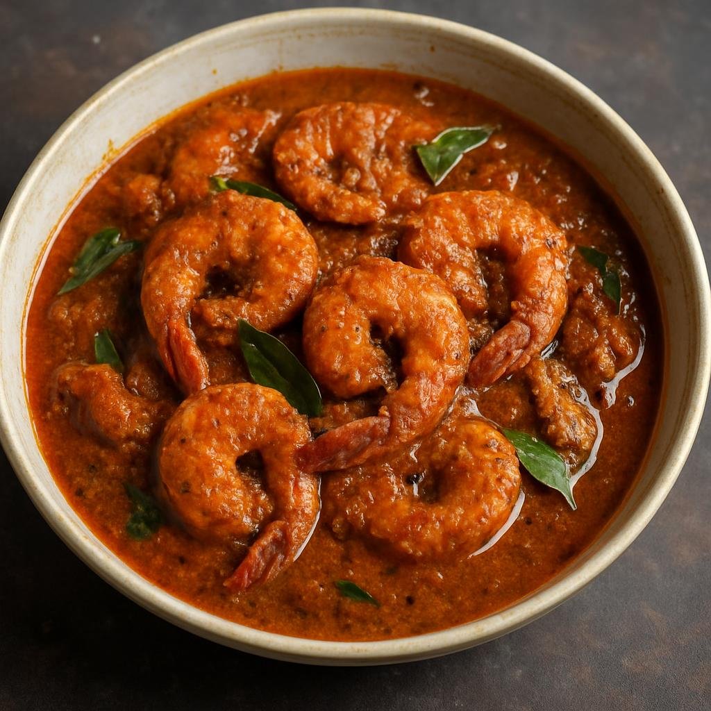 Entree: Sri Lanka – Jaffna Tamil Cuisine – யாழ்ப்பாண இறால் குழம்பு ➤ Yāzhppāṇa iraal kuzambu (Spicy Jaffna-style prawn curry cooked in a roasted spice and coconut sauce with tamarind tang) recipe