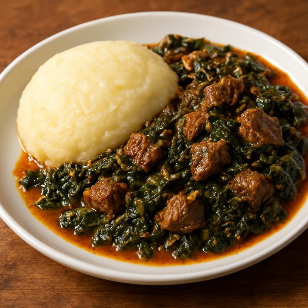 Entree: Botswana – National Cuisine – Matemekwane (Hearty Botswana-style beef and leafy-greens stew served with maize porridge) recipe