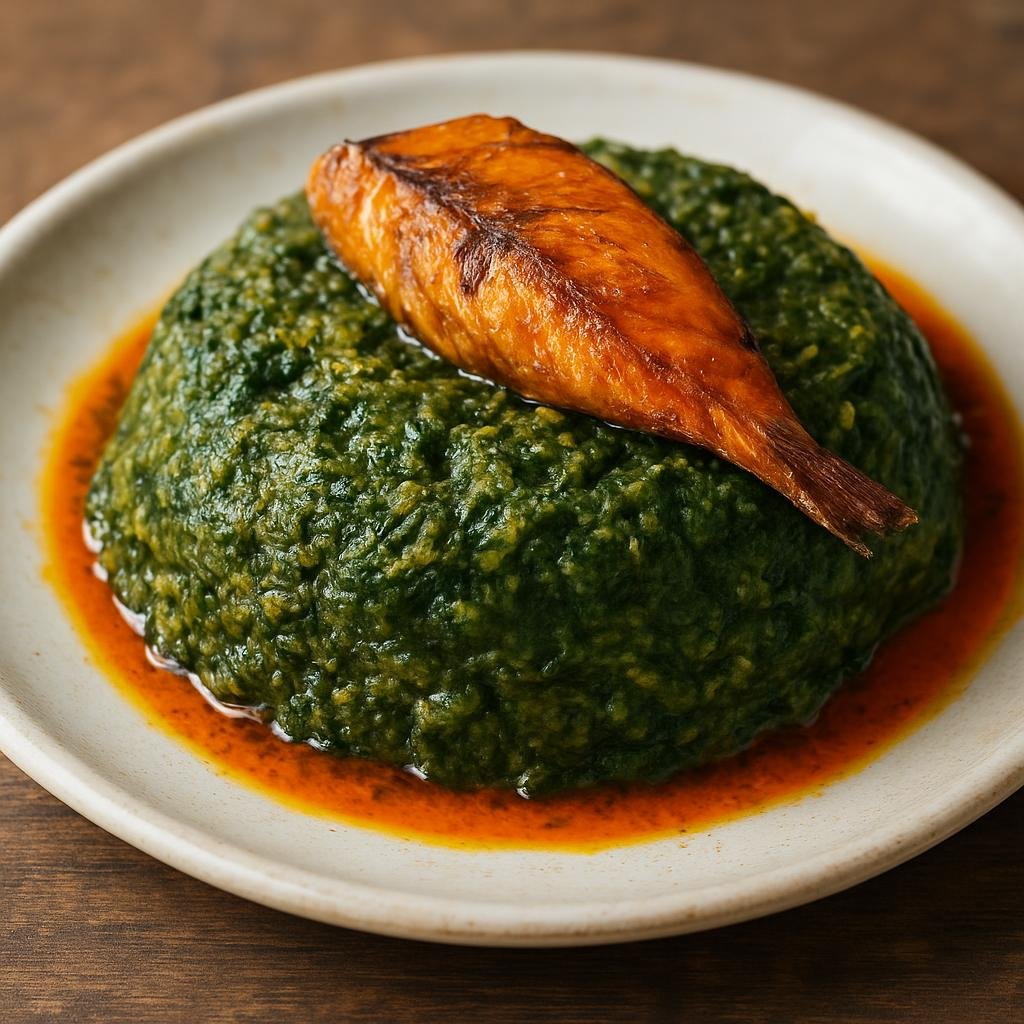 Entree: Cameroon – National Cuisine – Okok (A dense Cameroonian steamed pudding of grated cocoyam and cocoyam leaves mixed with palm oil and smoked fish) recipe