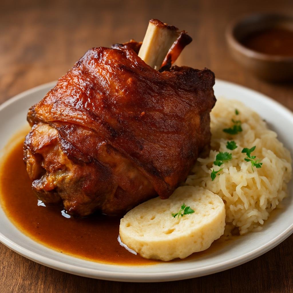 Entree: Czechia – Central Culinary Region – Pečené vepřové koleno (Roast pork knuckle braised in beer then roasted until the skin is crisp) recipe
