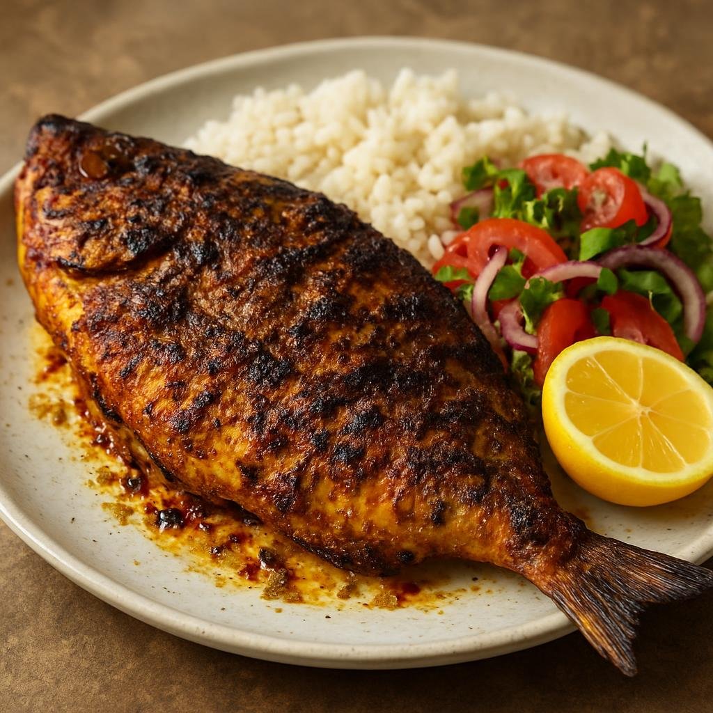 Entree: Djibouti – National Cuisine – Djiboutian Grilled Fish (Charcoal-grilled whole fish marinated with citrus, garlic, and warm East African spices) recipe