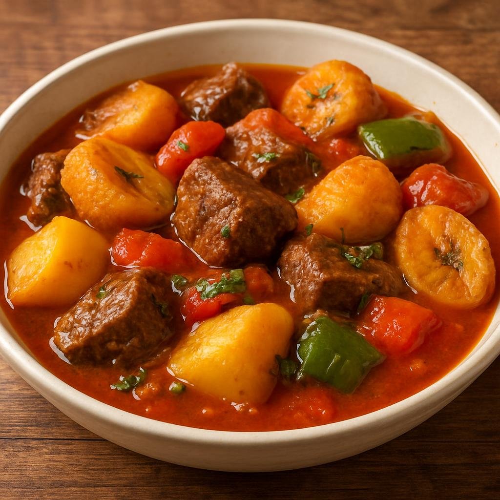 Entree: Equatorial Guinea – National Cuisine – Estofado de Carne (Hearty braised beef stew with tomatoes, peppers, potatoes, and plantain) recipe