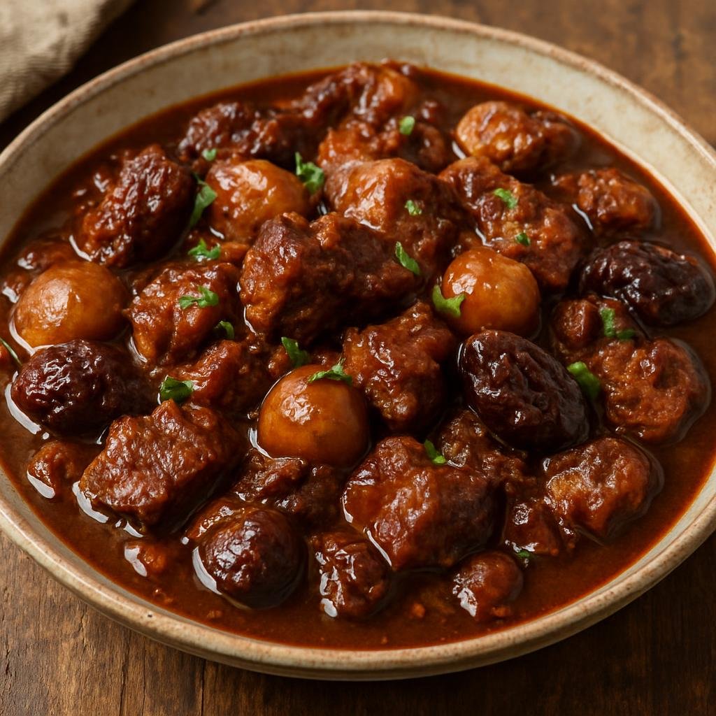 Entree: French Guiana – National Cuisine – Civet de Cochon Marron (Hearty Creole brown pork stew braised with aromatics, wine or rum, and local spices) recipe