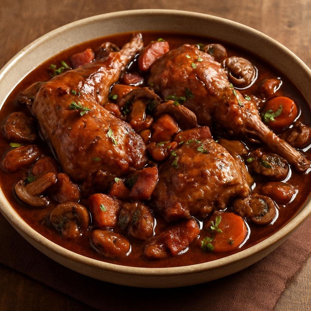 Entree: French Southern Territories – National Cuisine – Civet de Lapin (Slow-braised rabbit stew in red wine with bacon and mushrooms) recipe