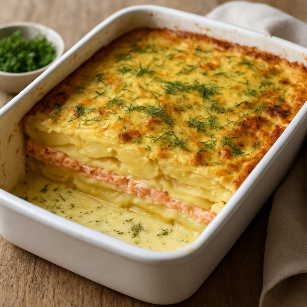 Entree: Sweden – Skane / South Sweden – Laxpudding (Baked Swedish casserole of layered potatoes and salmon set in a dill-scented cream-and-egg custard) recipe
