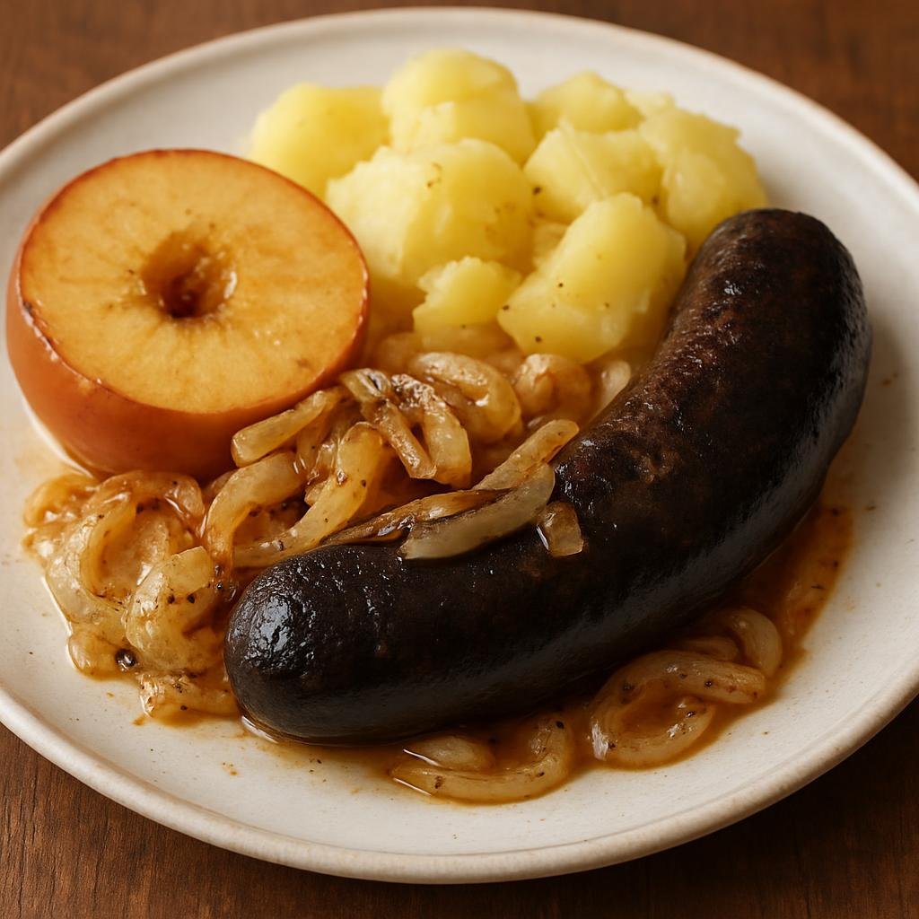Entree: Switzerland – French Swiss – Boudin Noir (Traditional French‑Swiss blood sausage seasoned with onions and warm spices, often pan-seared and served with apples and potatoes) recipe