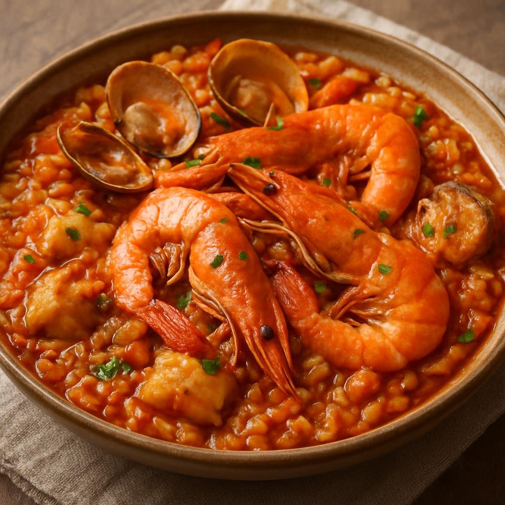 Entree: Guinea-Bissau – Northern Culinary Region – Arroz de Marisco (Hearty Portuguese-influenced seafood rice cooked with mixed shellfish and fish in a spiced tomato broth) recipe
