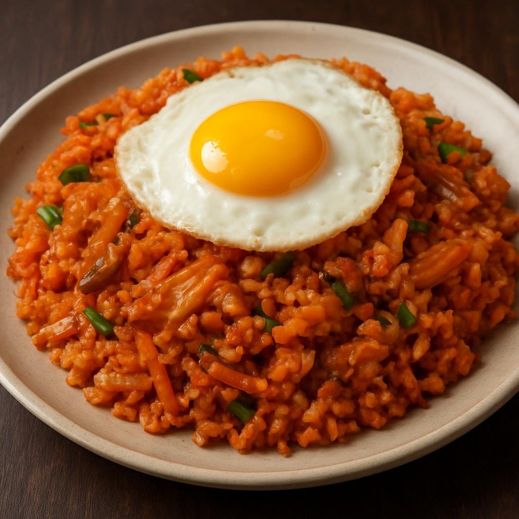 Entree: North Korea – North Korean Mountain Cuisine – 김치볶음밥 ➤ Kimchi bokkeumbap (Spicy stir-fried rice with aged kimchi, vegetables, and egg) recipe