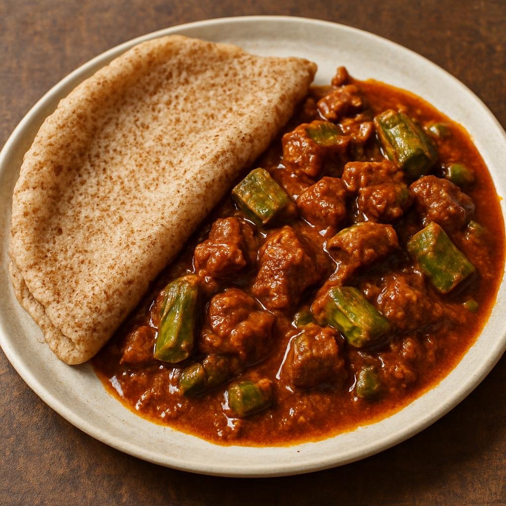 Entree: South Sudan – Northern Culinary Region – Kisra Rhahee (Fermented sorghum flatbread served with a spiced meat and okra stew) recipe