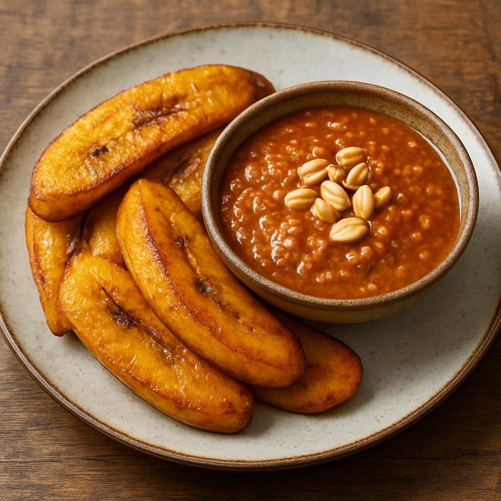 Entree: Suriname – Northern Culinary Region – Bakabana Met Pindasaus (Fried ripe plantains served with a warm savory-spicy peanut sauce) recipe