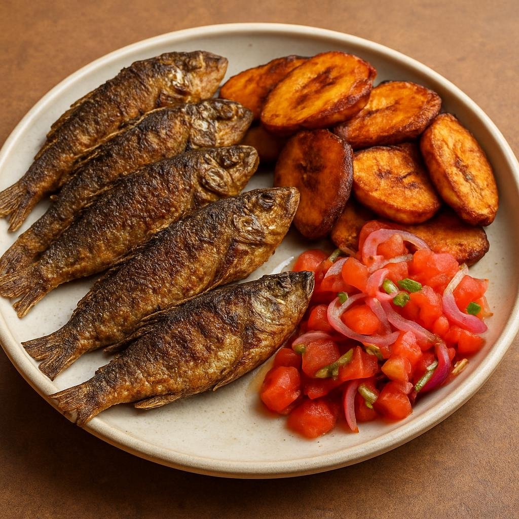 Entree: Burundi – Central Culinary Region – Sambaza (Small freshwater fish, seasoned and pan-fried until crisp, served with fried plantains and a tomato-onion relish) recipe
