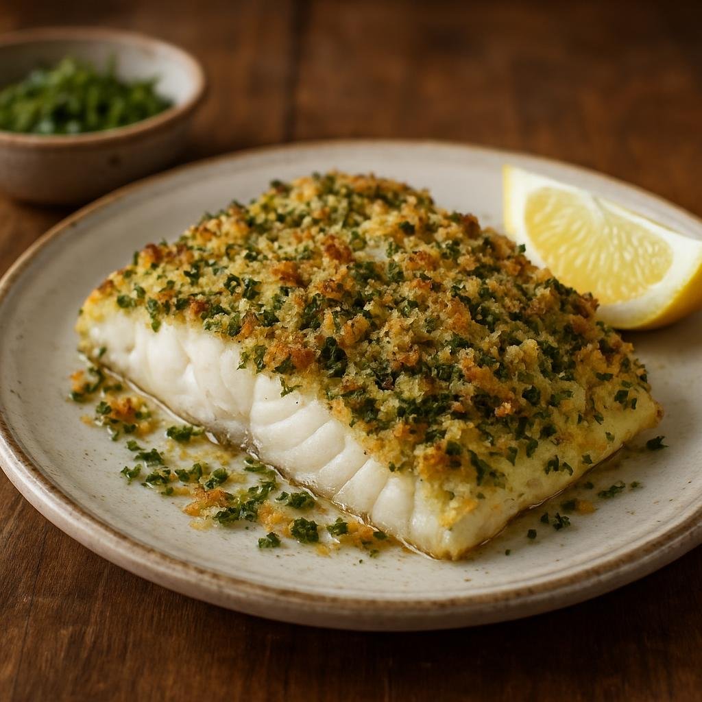 Entree: Falkland Islands (Malvinas) – Baked Fish with Herb Crust (Oven-baked white fish fillets finished with a crisp mixed-herb breadcrumb crust) recipe