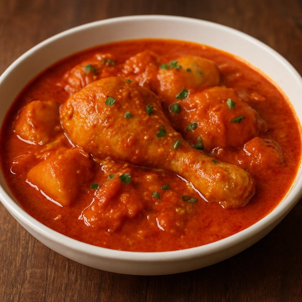 Entree: Gabon – Poulet à la Gabonaise (Gabonese chicken stew cooked in rich red palm-nut sauce) recipe