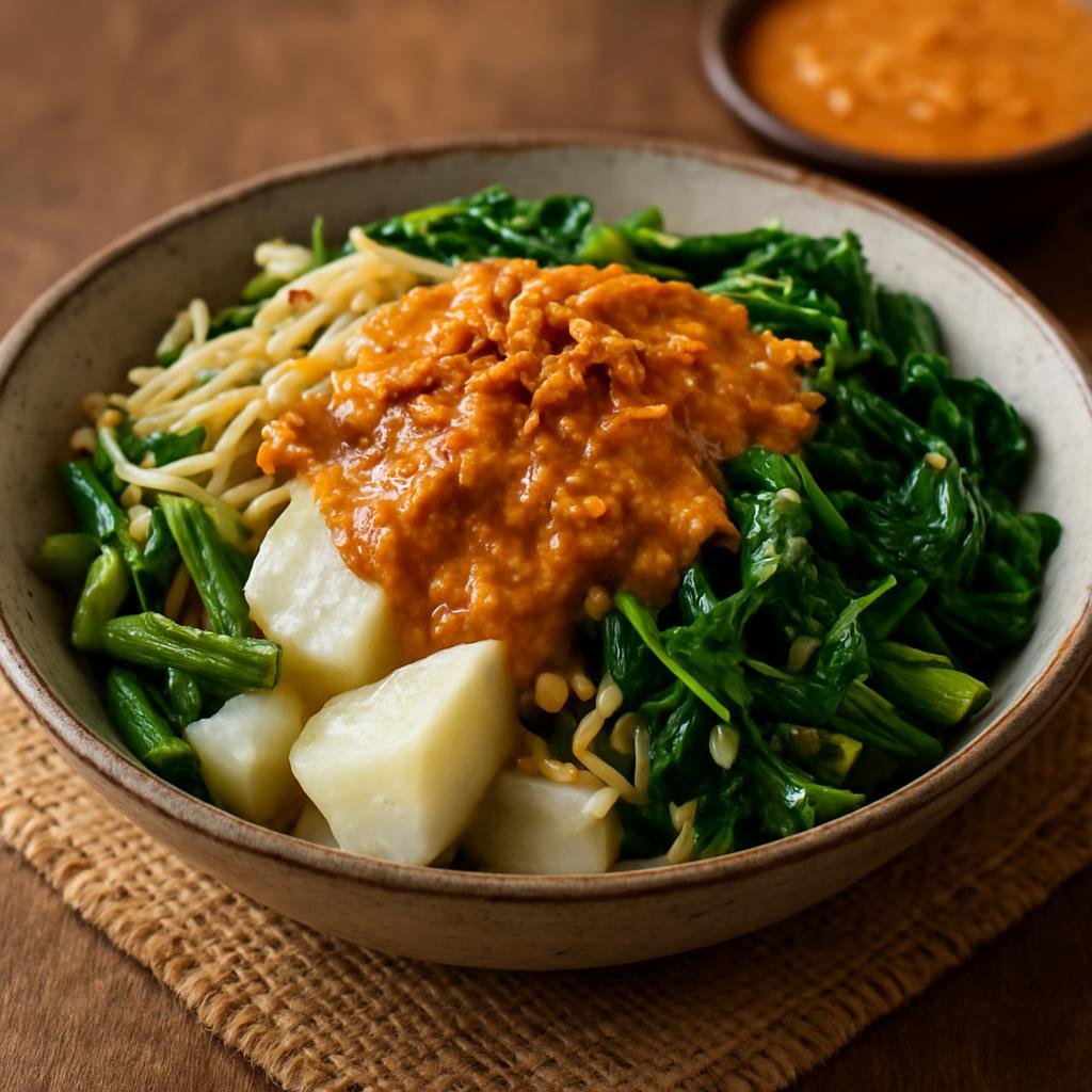 Entree: Indonesia – Bali – Tipat Cantok (Balinese mixed steamed vegetables and rice cake served with a savory-sweet peanut sauce) recipe