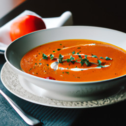 Entrée: United States – Roasted Tomato and Fennel Thyme Soup with Lemon Zest recipe