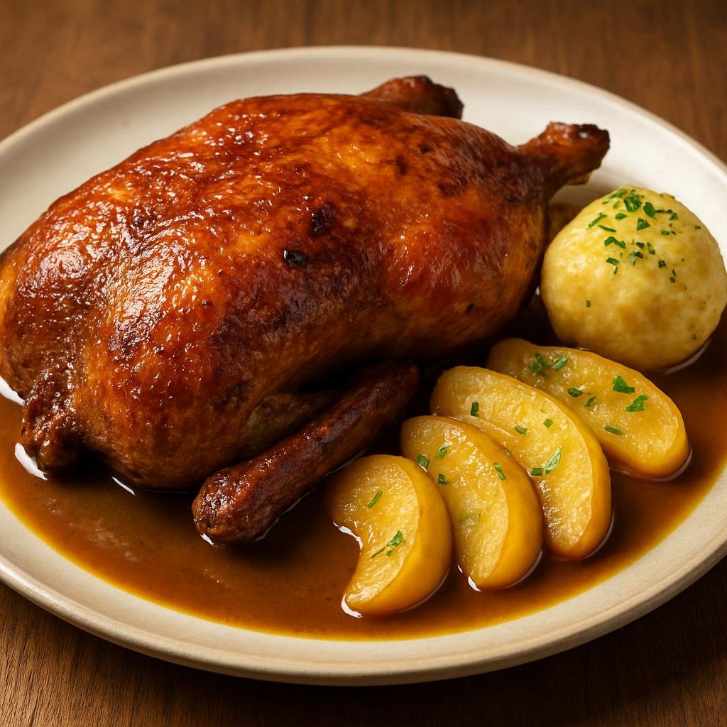 Entree: Germany – Bavaria – Bayerische Ente (Roast Bavarian duck with crisp skin, beer-apple glaze, and savory gravy) recipe