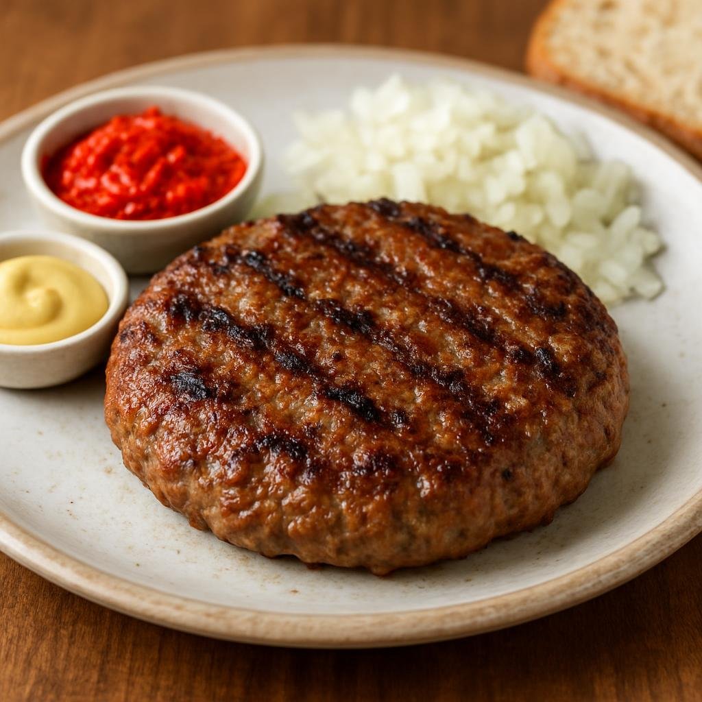 Entree: Montenegro – Northern Culinary Region – Pljeskavica (Grilled Balkan mixed-meat spiced patty typically served hot with onions and condiments) recipe