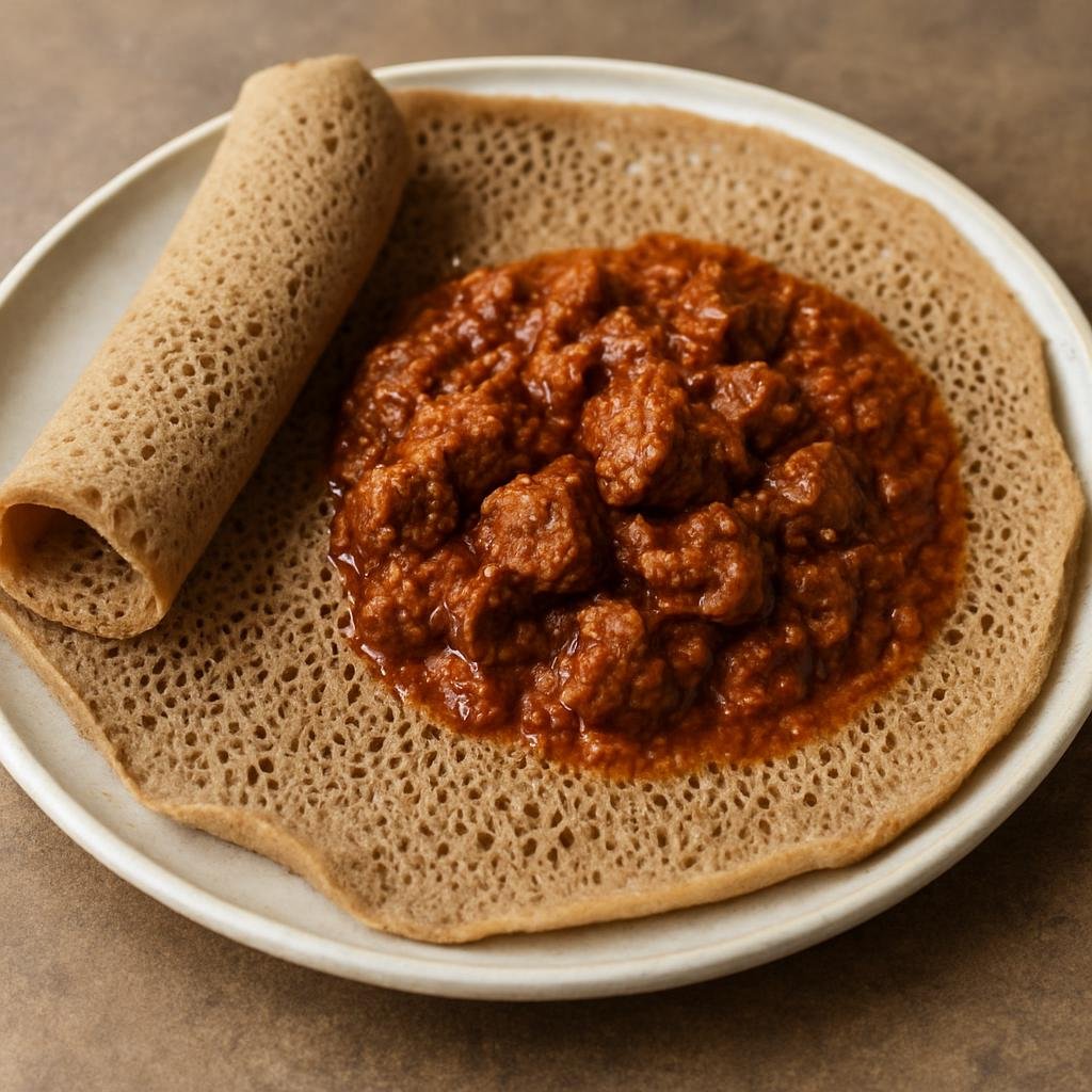 Entree: Eritrea – እንጀራ ጸብሒ ➤ Injera tsebhī (Sourdough-fermented spongy flatbread served with a richly spiced Eritrean stew) recipe